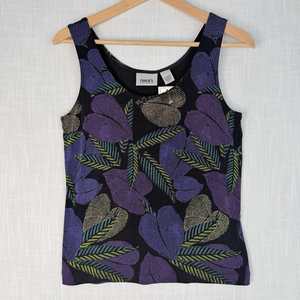Chico's Travelers Purple Botanical Leaf Print Scoop Neck Tank Top NWT Size 1 S/M
